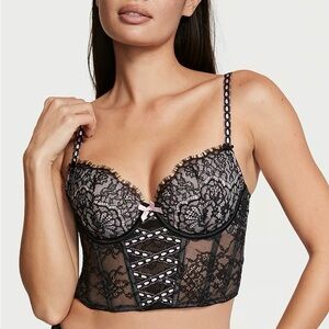 Victoria Secret lightly-lined heritage ribbon slot bra top black lace corset